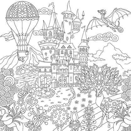 Mandala coloring page of an illustration of the silhouette of a fairy-tale castle with a balloon and a dragon